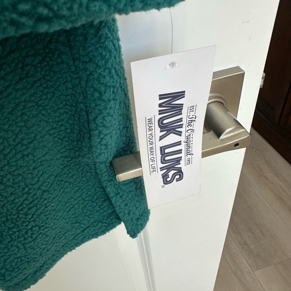 MUK LUKS Teddy Bear Sherpa Lounger wiHood Teal Hooded Fleece Coat QVC NWT large - Picture 3 of 6